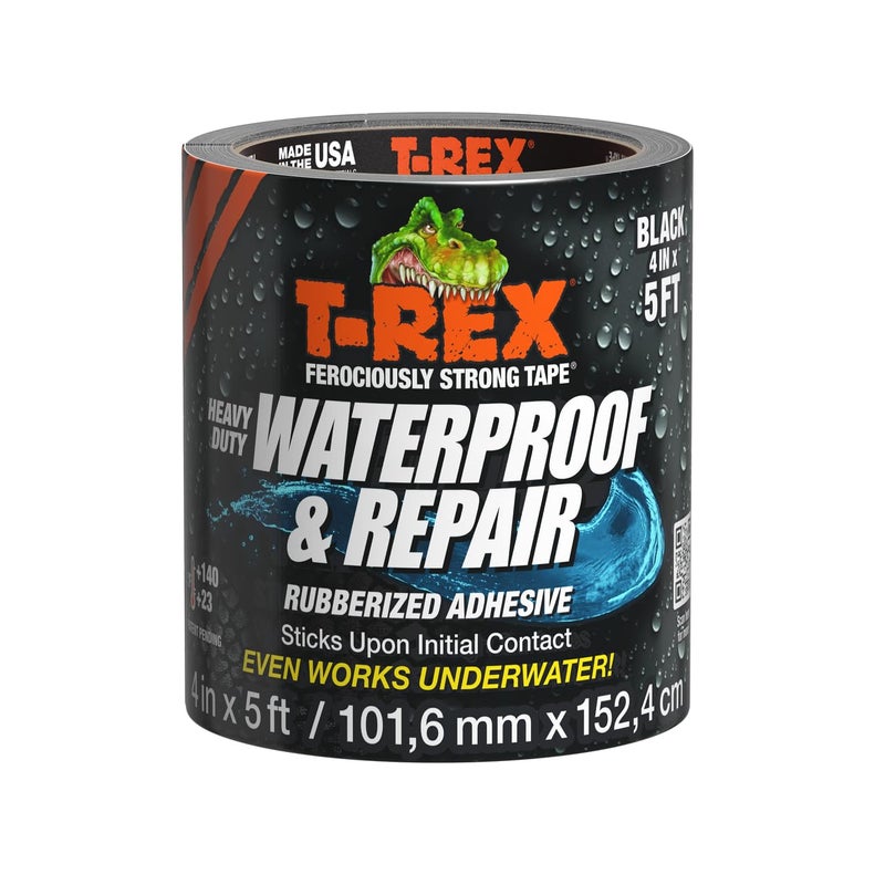 T-Rex Heavy Duty Waterproof and Repair Tape for Wet or Rough/Dirty Surfaces Including Underwater, Leaks and More, 4" x 5', Black, 1-Roll (285987) - Image 1